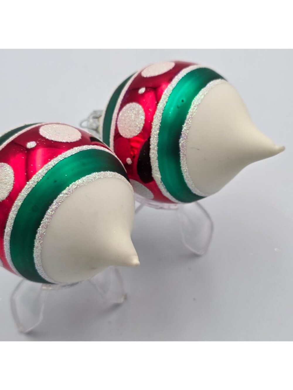 Vintage Glass Christmas Ornaments Red & Green With Glitter Polka Dots Teardrop - Picture 7 of 8